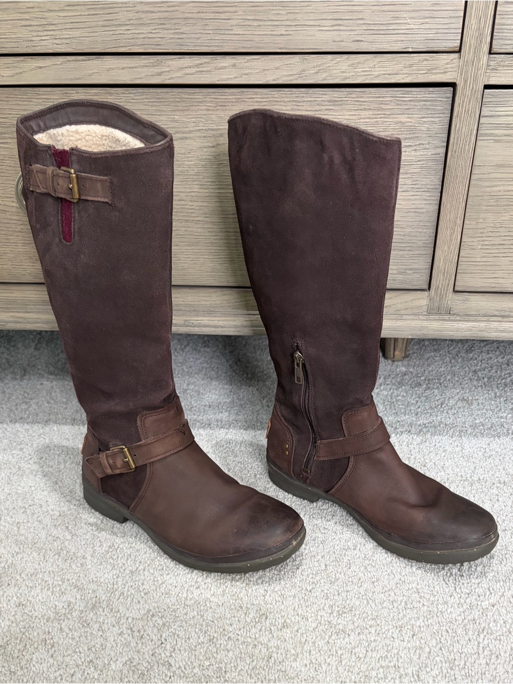 UGG Tall Brown Leather & Suede Riding Boots, Women’s 7.5 w/Shearling Inner Shaft